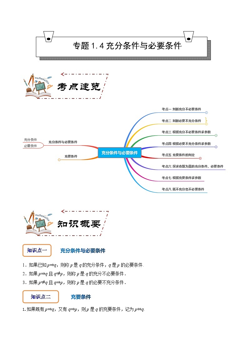 人教A版数学高一必修第一册 专题1.4 充分条件与必要条件(讲+练8大考点)01