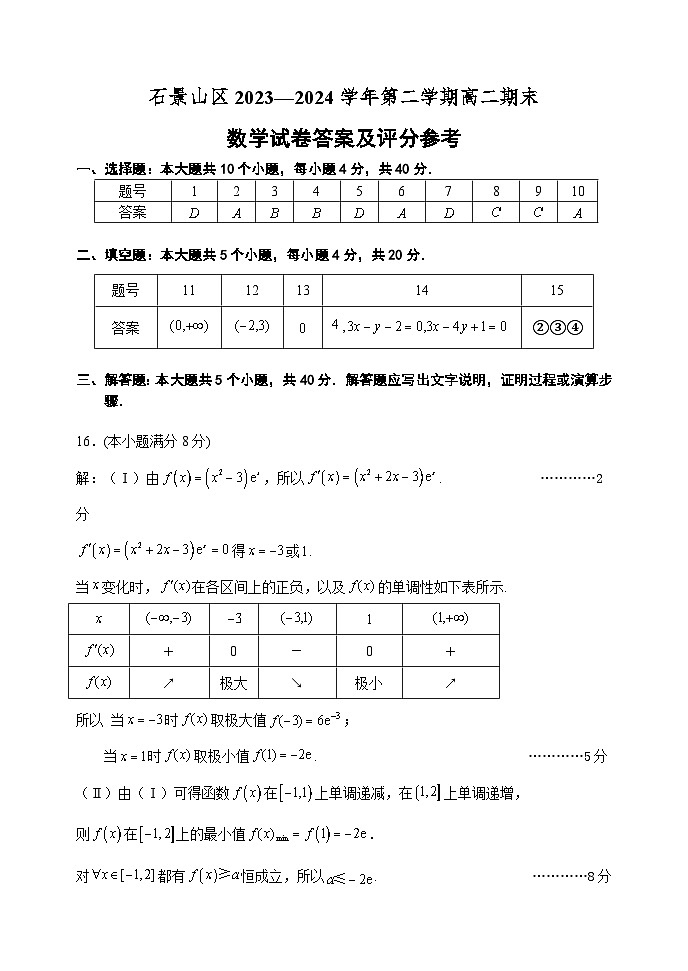 北京市石景山区2023-2024学年高二下学期期末数学试卷01