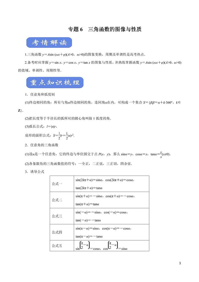 高中数学知识清单-专题06 三角函数的图像与性质（考点解读）（原卷+解析版）第1页