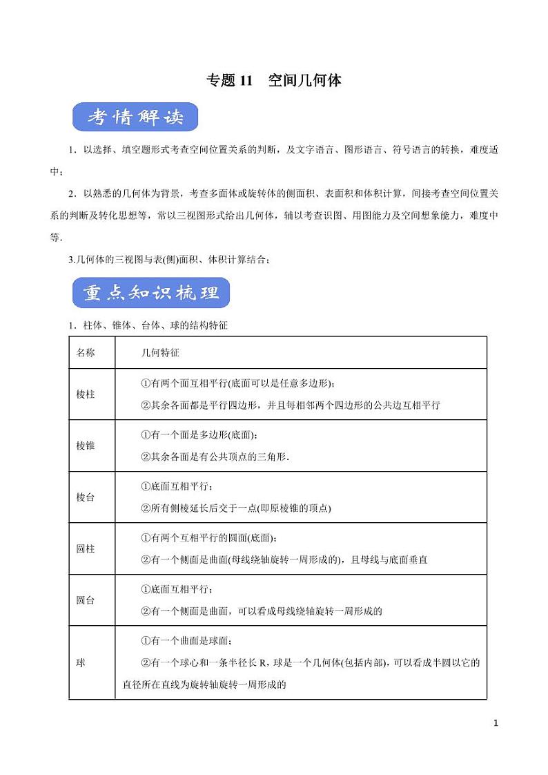 高中数学知识清单-专题11 空间几何体（考点解读）（原卷+解析版）第1页