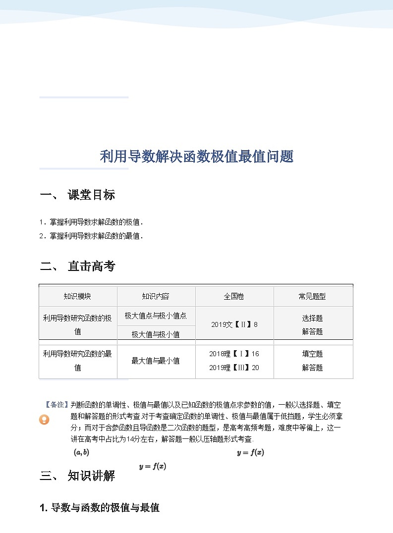 人教A版（2019）高中数学选修二讲义12 利用导数解决函数极值最值问题01