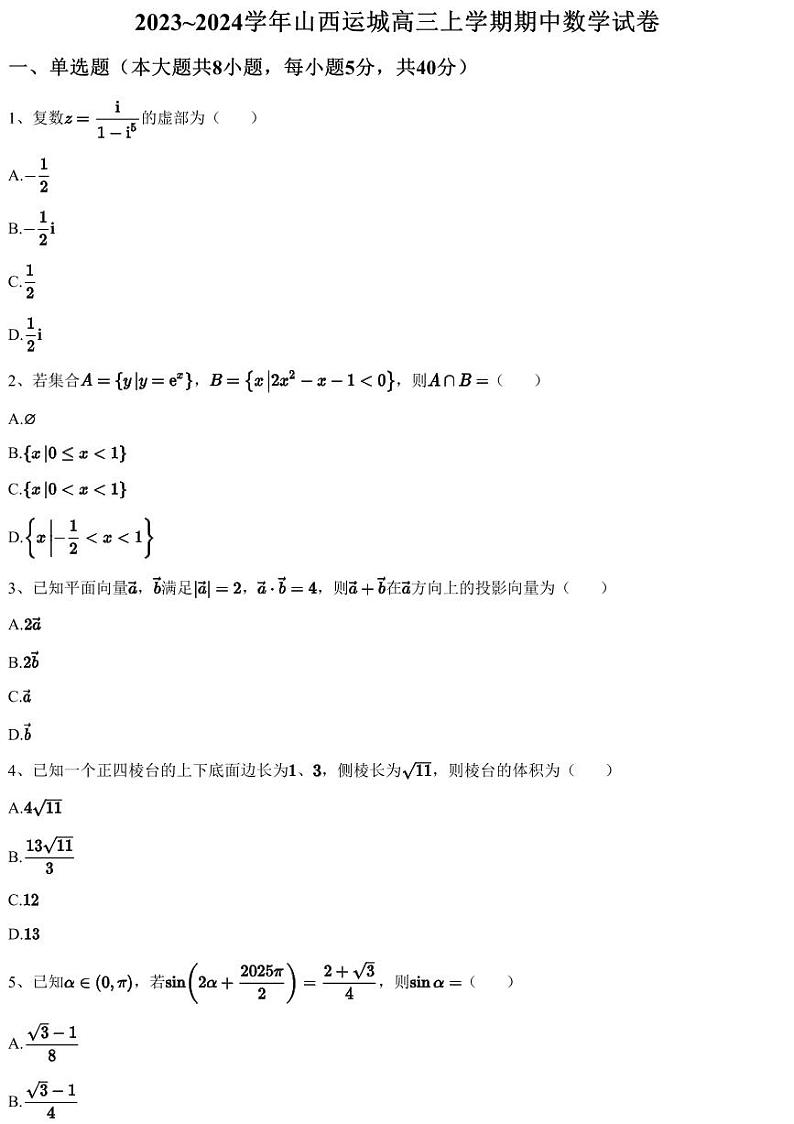 2023~2024学年山西运城高三上学期期中数学试卷（含答案与解析）第1页