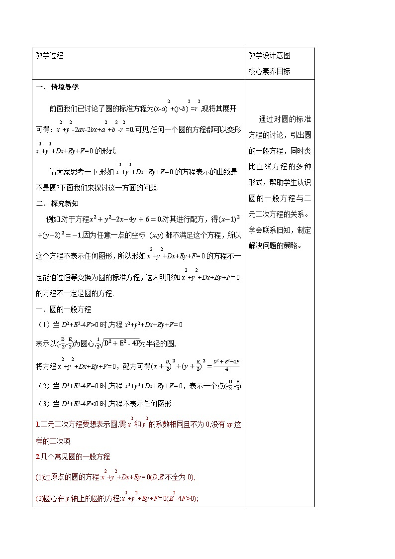 高中数学人教A版选择性必修第一册2.4.2 圆的一般方程教案 2024-2025学年02