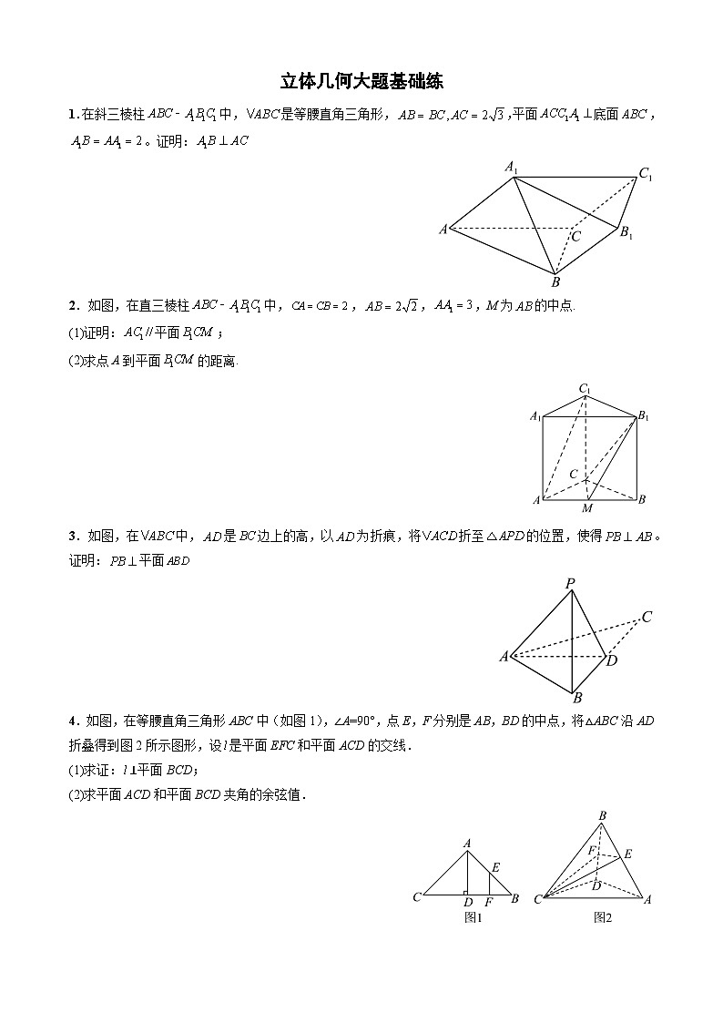 立体几何（高一）大题基础练（不涉及空间向量）含参考答案及答题卡01