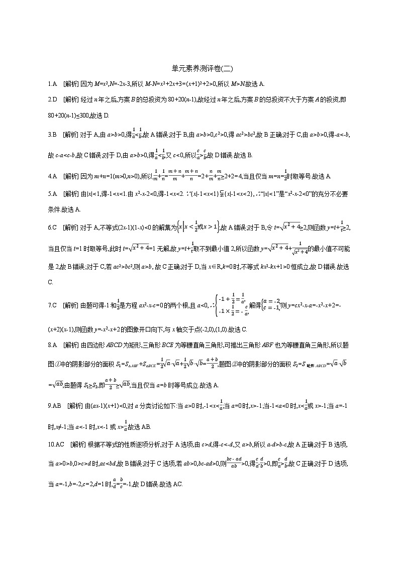 高中数学人教A版必修一单元素养测评卷(二)范围：第二章一元二次函数、方程与不等式01