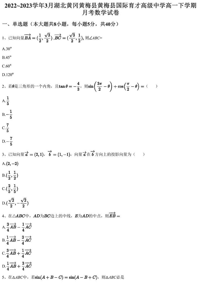 2022~2023学年3月湖北黄冈黄梅县黄梅县国际育才高级中学高一下学期月考数学试卷（含答案与解析）第1页