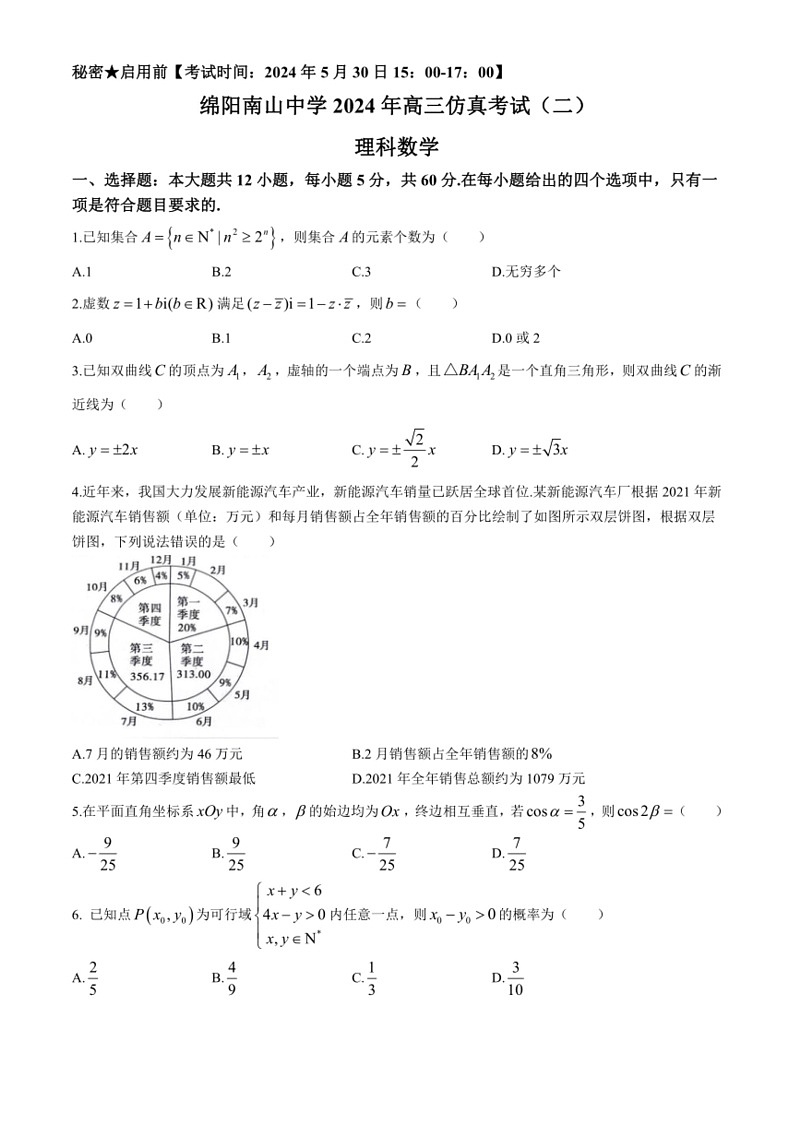 [数学]四川省绵阳南山中数学2024届高三下学期高考仿真演练(二)数学(理)(有解析)第1页