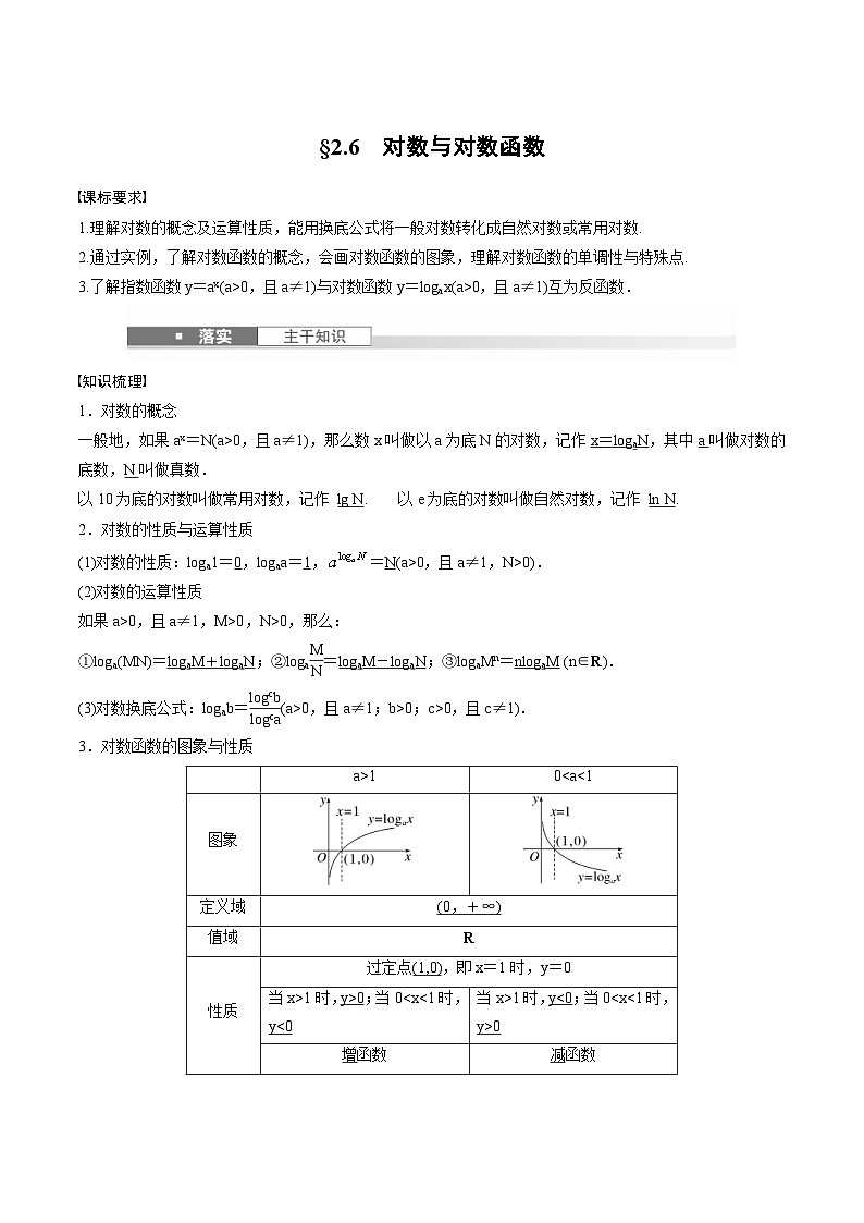 2025年高考数学一轮复习（基础版）课时精讲第2章　§2.6　对数与对数函数（含解析）第1页