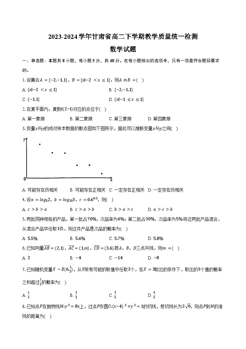 2023-2024学年甘肃省高二下学期教学质量统一检测数学试题（含答案）01