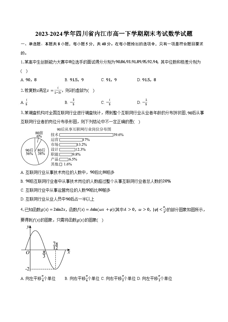 2023-2024学年四川省内江市高一下学期期末考试数学试题（含解析）第1页