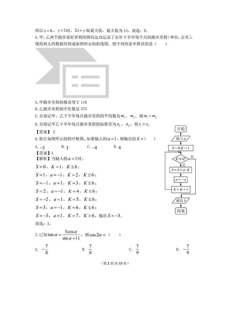 陕西省西工大附中高2024届第14次高考适应性训练+文数答案02