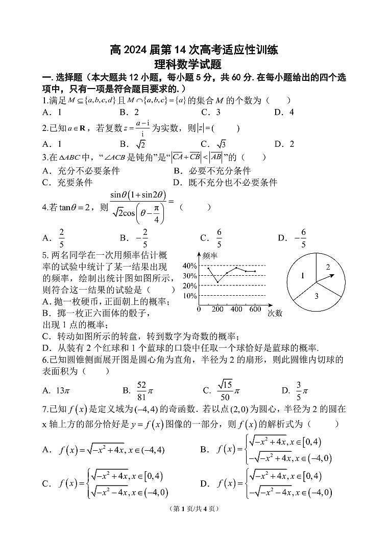 陕西省西工大附中高2024届第14次高考适应性训练+理数第1页