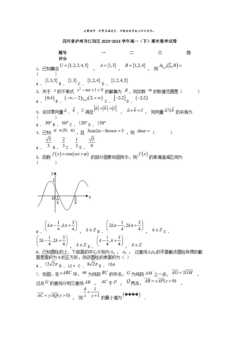 [数学][期末]四川省泸州市江阳区2023-2024学年高一(下)期末数学试卷第1页