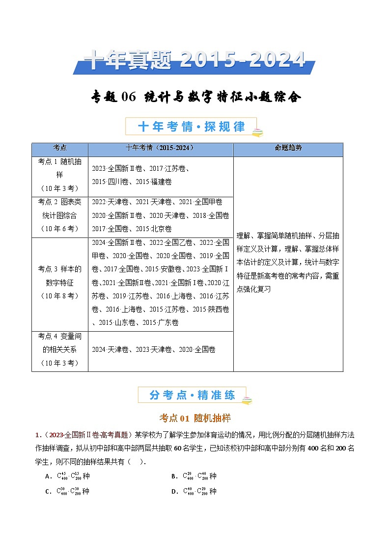 专题06 统计与数字特征小题综合- 十年（2015-2024）高考真题数学分项汇编（全国通用）01