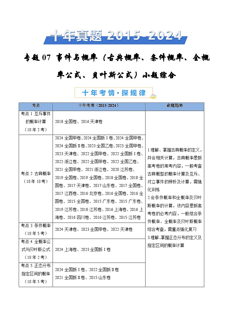 专题07 事件与概率（古典概率、条件概率、全概率公式、贝叶斯公式）小题综合- 十年（2015-2024）高考真题数学分项汇编（全国通用）01