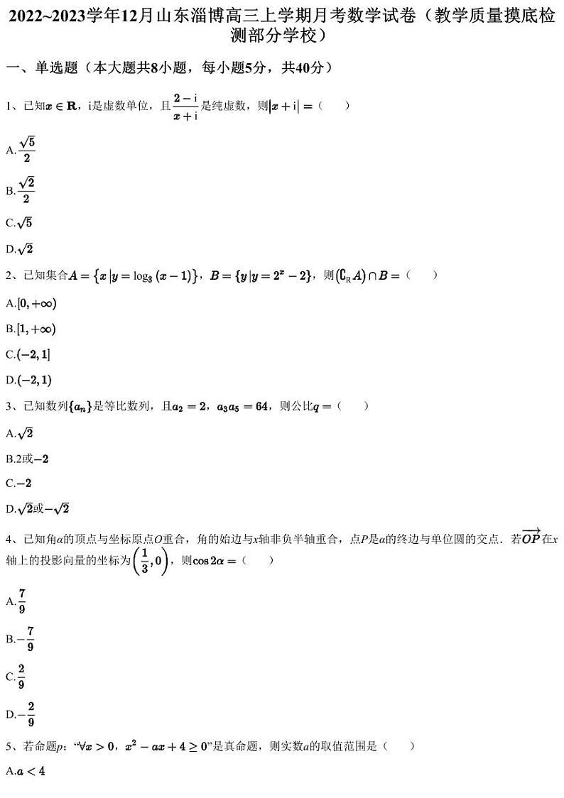 2022~2023学年12月山东淄博高三上学期月考数学试卷（教学质量摸底检测部分学校）（含答案与解析）第1页