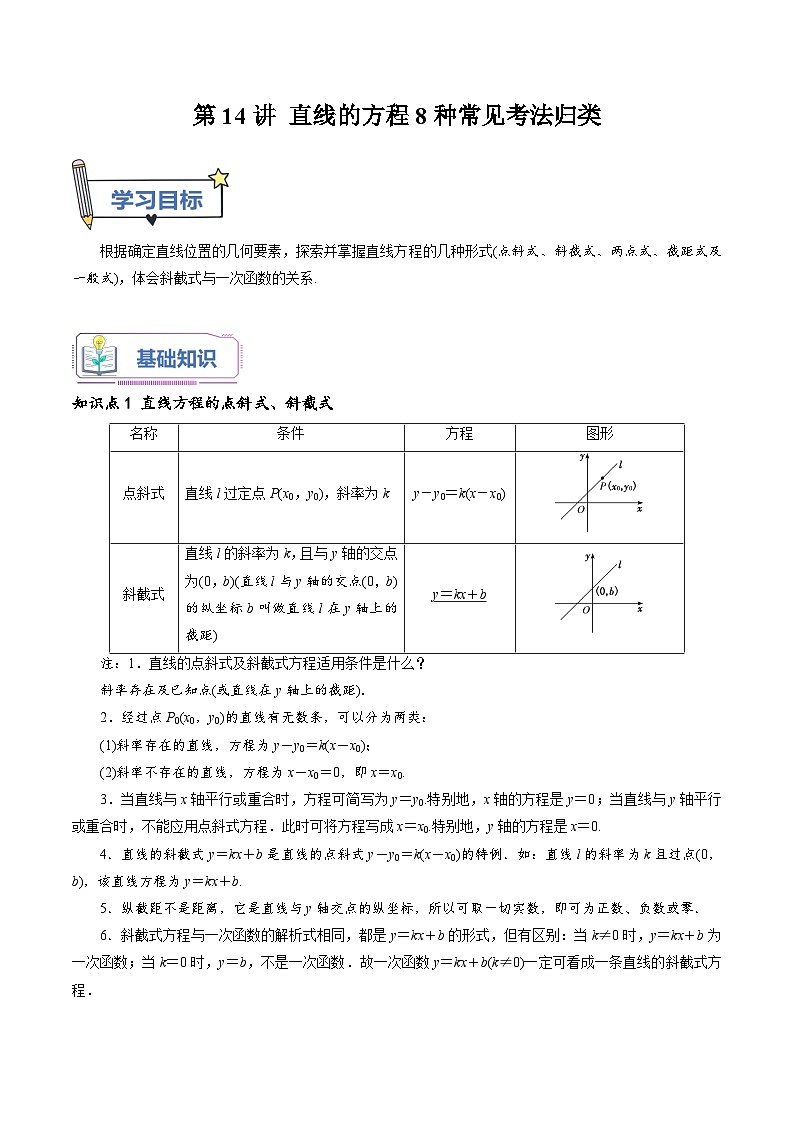 第14讲 直线的方程8种常见考法归类-新高二数学暑假衔接试题（人教版）01