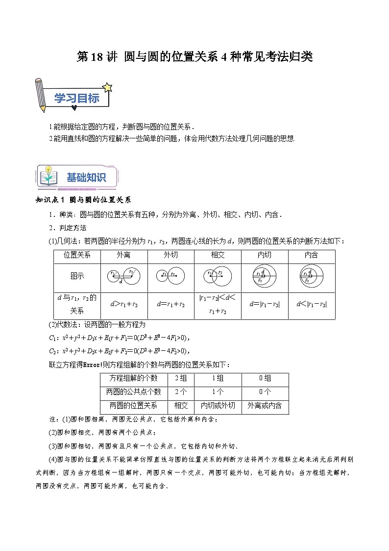 第18讲 圆与圆的位置关系4种常见考法归类-新高二数学暑假衔接试题（人教版）01