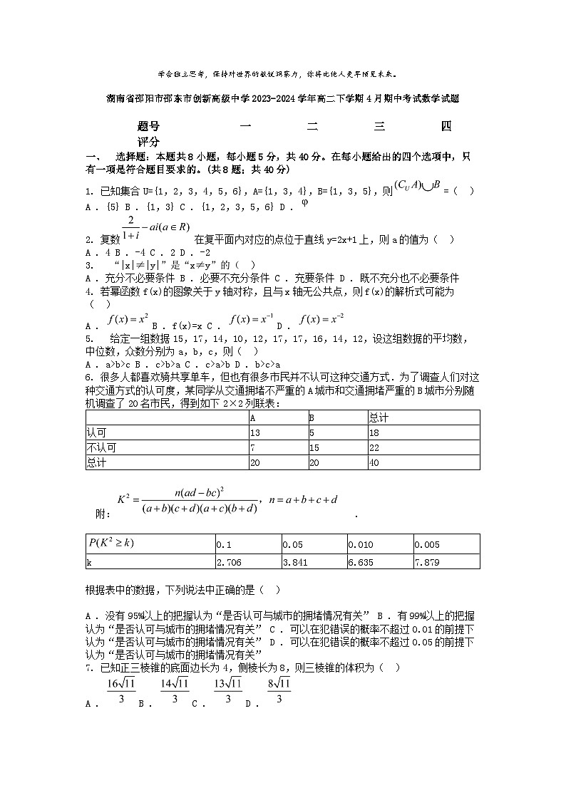 [数学][期中]湖南省邵阳市邵东市创新高级中学2023-2024学年高二下学期4月期中考试数学试题01
