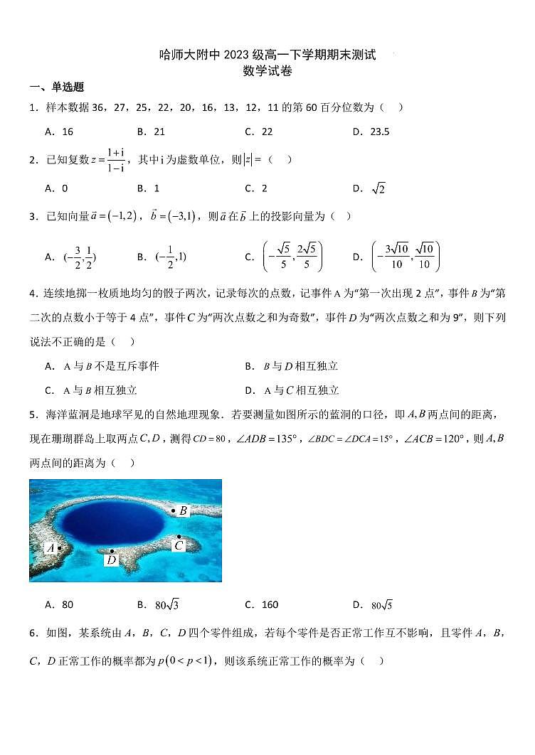 哈师大附属中学2024年高一下学期期末考试数学试题+答案第1页
