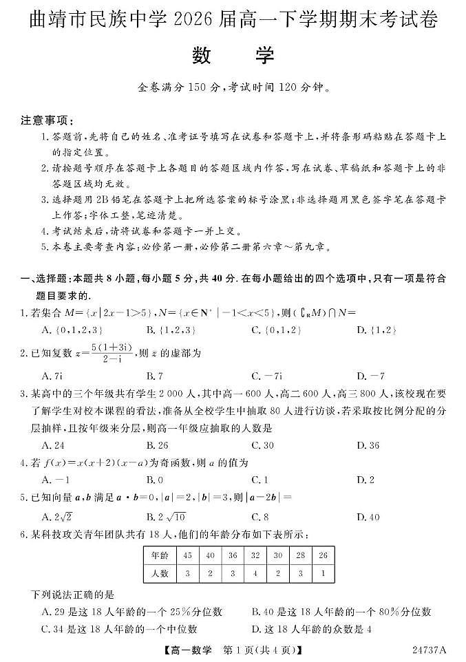 云南省曲靖市民族中学2023-2024学年高一下学期期末考试数学试题第1页
