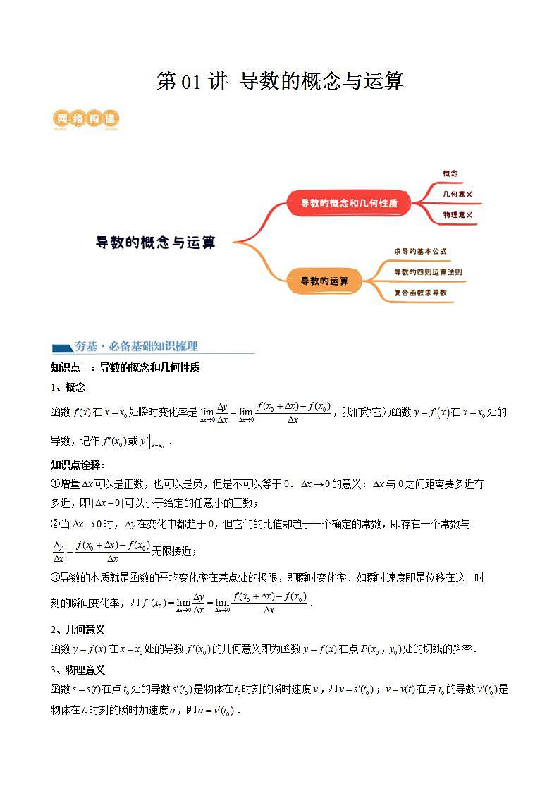 新高考数学一轮复习讲练测第3章第01讲 导数的概念与运算（讲义）（解析版）第1页