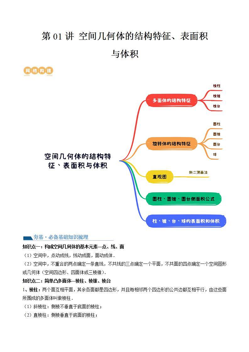 新高考数学一轮复习讲练测第7章第01讲 空间几何体的结构特征、表面积与体积（六大题型）（讲义）（2份打包，原卷版+解析版）01