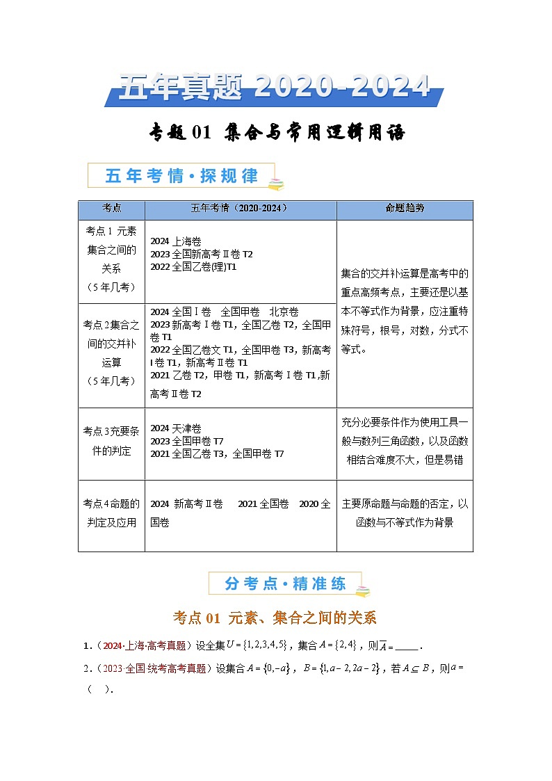 专题01 集合与常用逻辑用语-【好题汇编】五年（2020-2024）高考数学真题分类汇编（全国通用）（原卷版）第1页