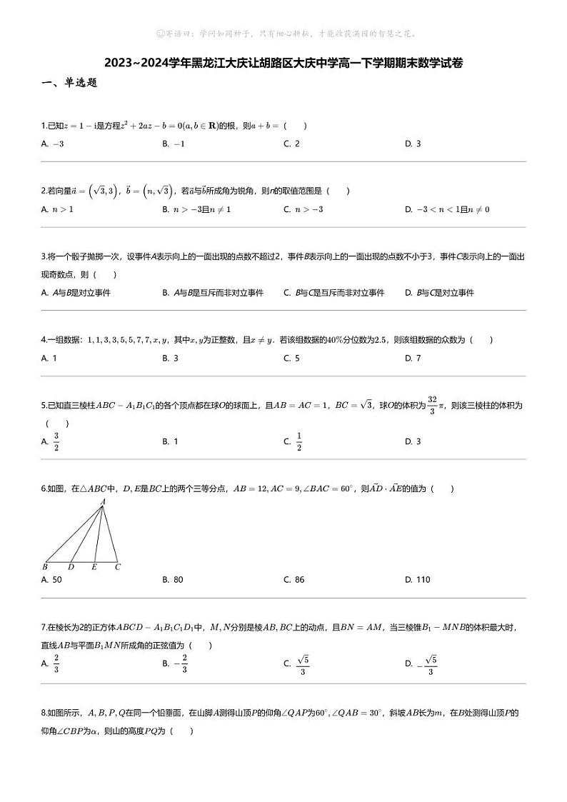 [数学][期末]2023_2024学年黑龙江大庆让胡路区大庆中学高一下学期期末数学试卷01