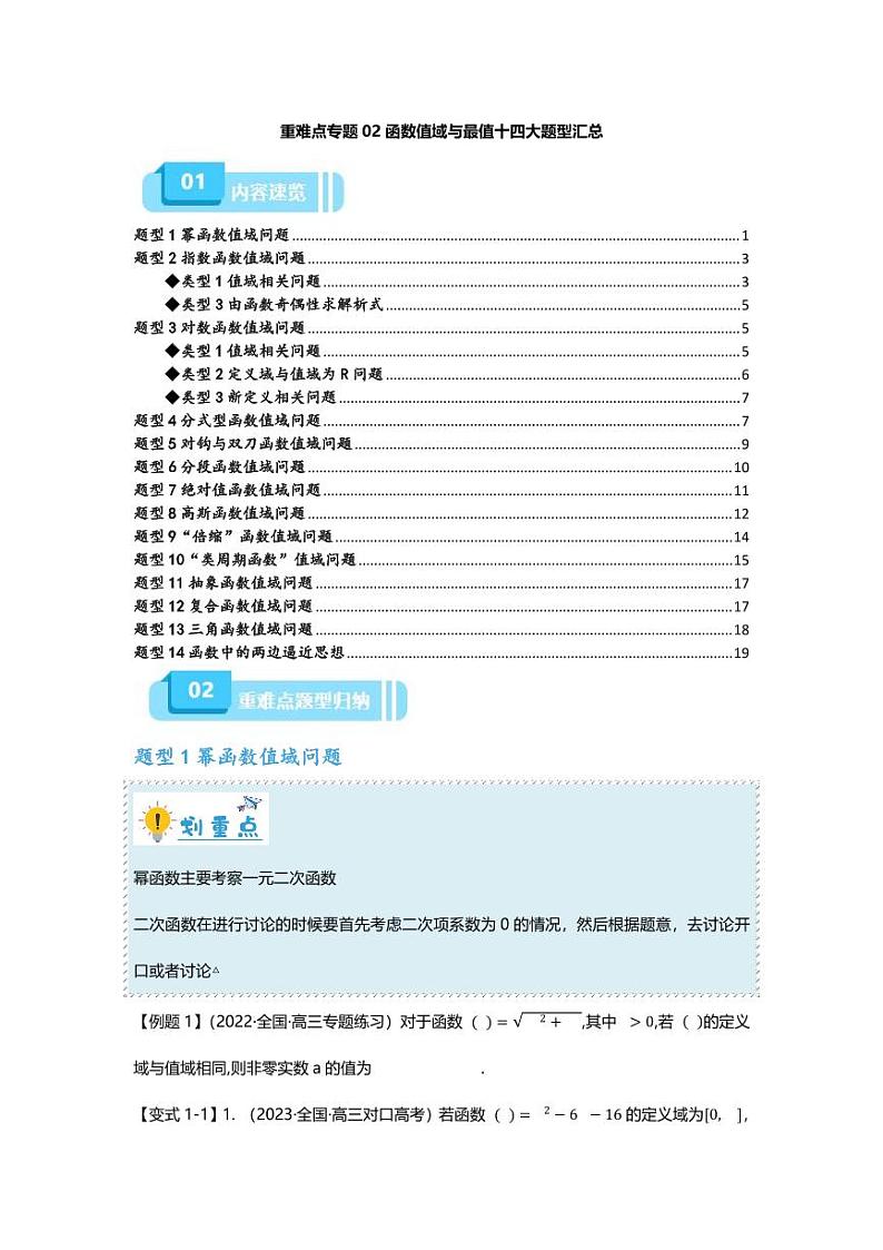 2025届一轮复习：高考数学重难点汇总重难点专题02 函数值域与最值十四大题型汇总01