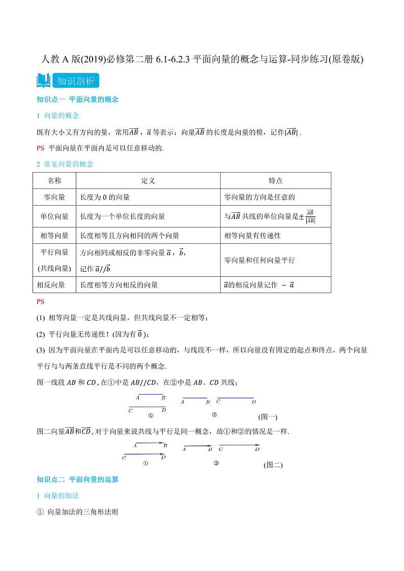 人教A版(2019)必修第二册6.1-6.2.3平面向量的概念与运算-同步练习(含解析)01