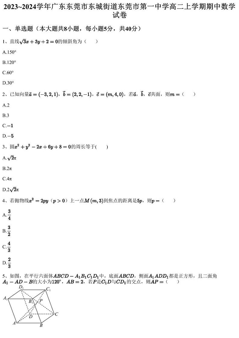 2023~2024学年广东东莞市东城街道东莞市第一中学高二上学期期中数学试卷（含答案与解析）01