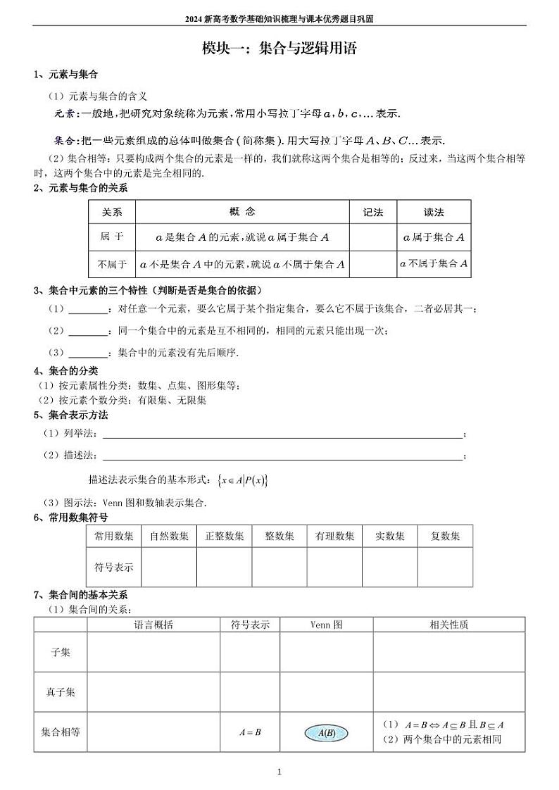2024新高考数学基础知识梳理与课本优秀题目巩固第1页