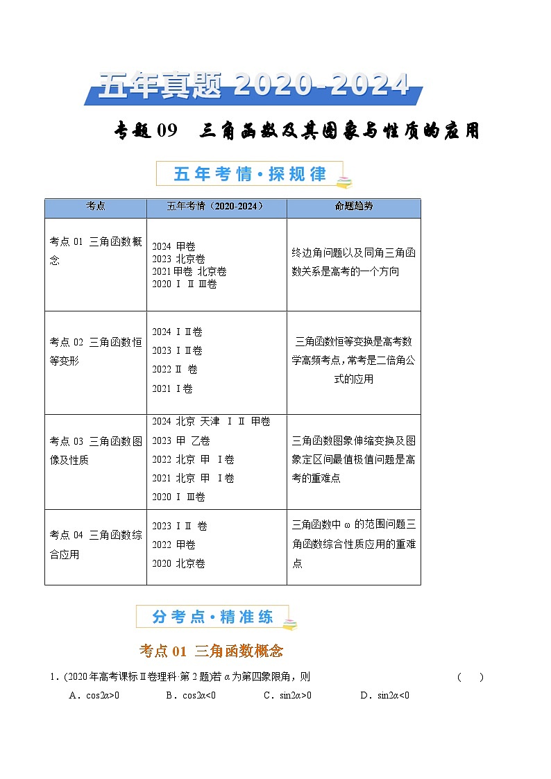 专题09   三角函数及其图象与性质的应用-【好题汇编】五年（2020-2024）高考数学真题分类汇编（解析版）第1页
