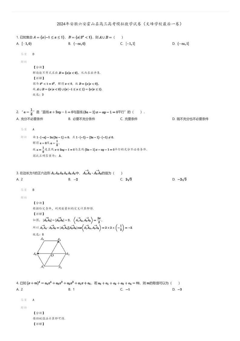 [数学]2024年安徽六安霍山县高三高考模拟数学试卷(文峰学校最后一卷)解析版第1页