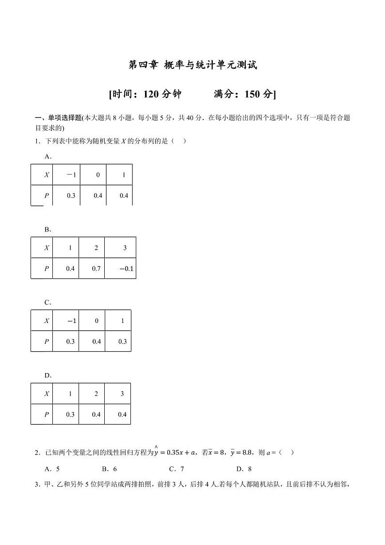 第4章 概率与统计单元测试（含答案） 2023-2024学年高二数学同步讲义（人教B版2019选择性必修第二册）01