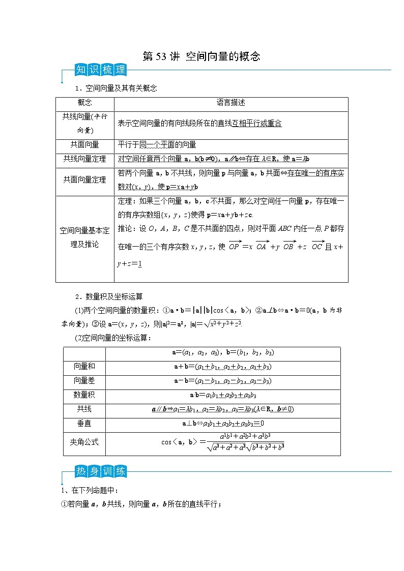 新高考数学一轮复习导学案第53讲 空间向量的概念（2份打包，原卷版+解析版）01