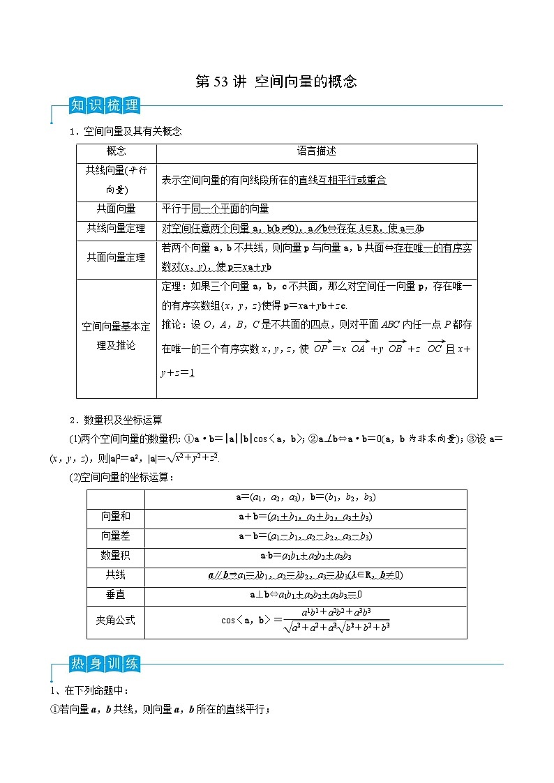 新高考数学一轮复习导学案第53讲 空间向量的概念（2份打包，原卷版+解析版）01