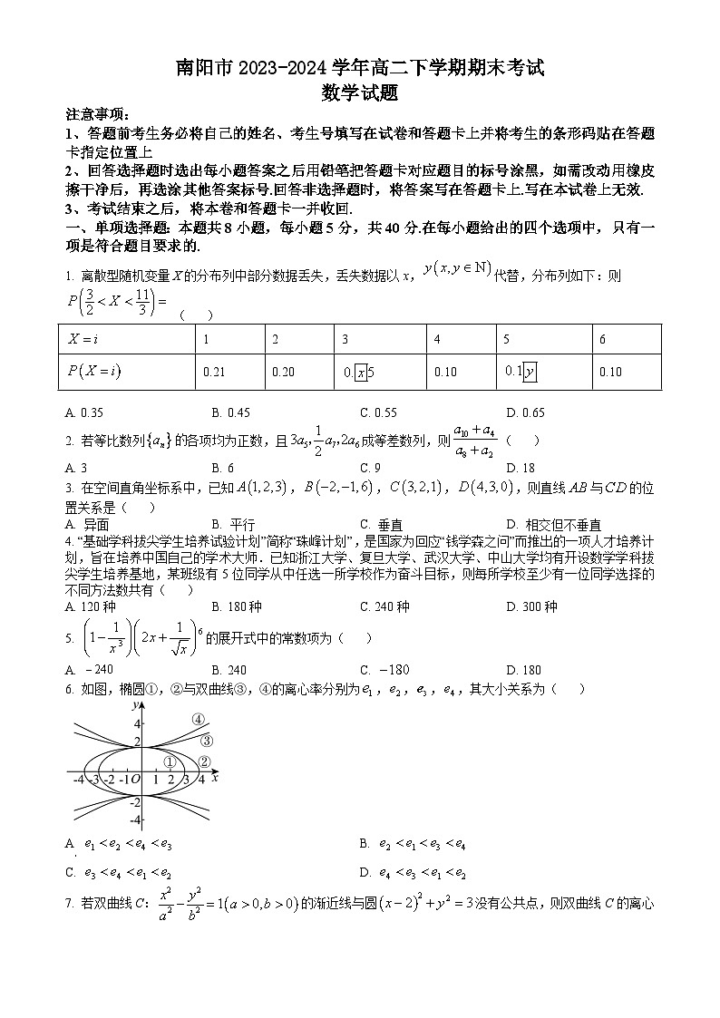 河南省南阳市2023-2024学年高二下学期期末考试 数学试题 Word版含答案01