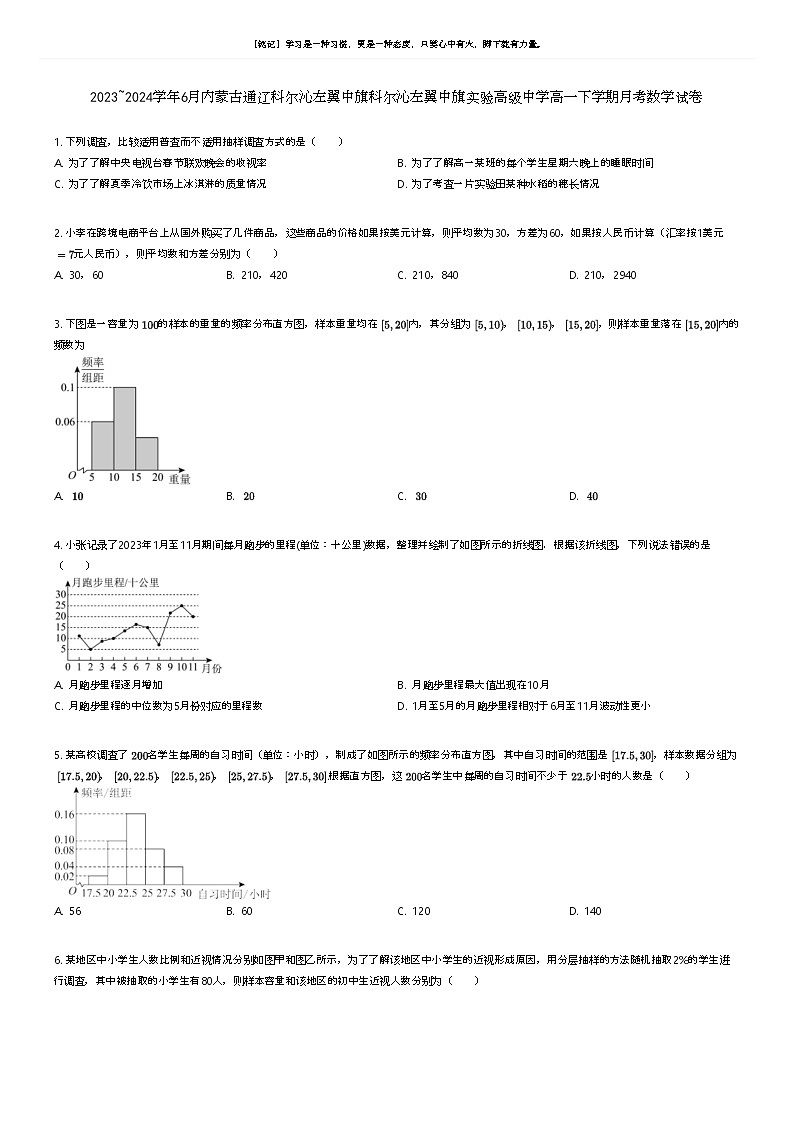 [数学]2023_2024学年6月内蒙古通辽科尔沁左翼中旗科尔沁左翼中旗实验高级中学高一下学期月考数学试卷原题版第1页