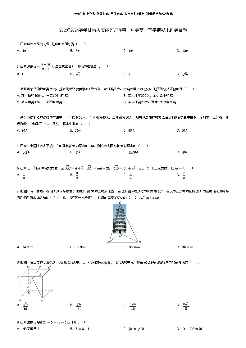 [数学]2023_2024学年甘肃庆阳环县环县第一中学高一下学期期末数学试卷原题版第1页