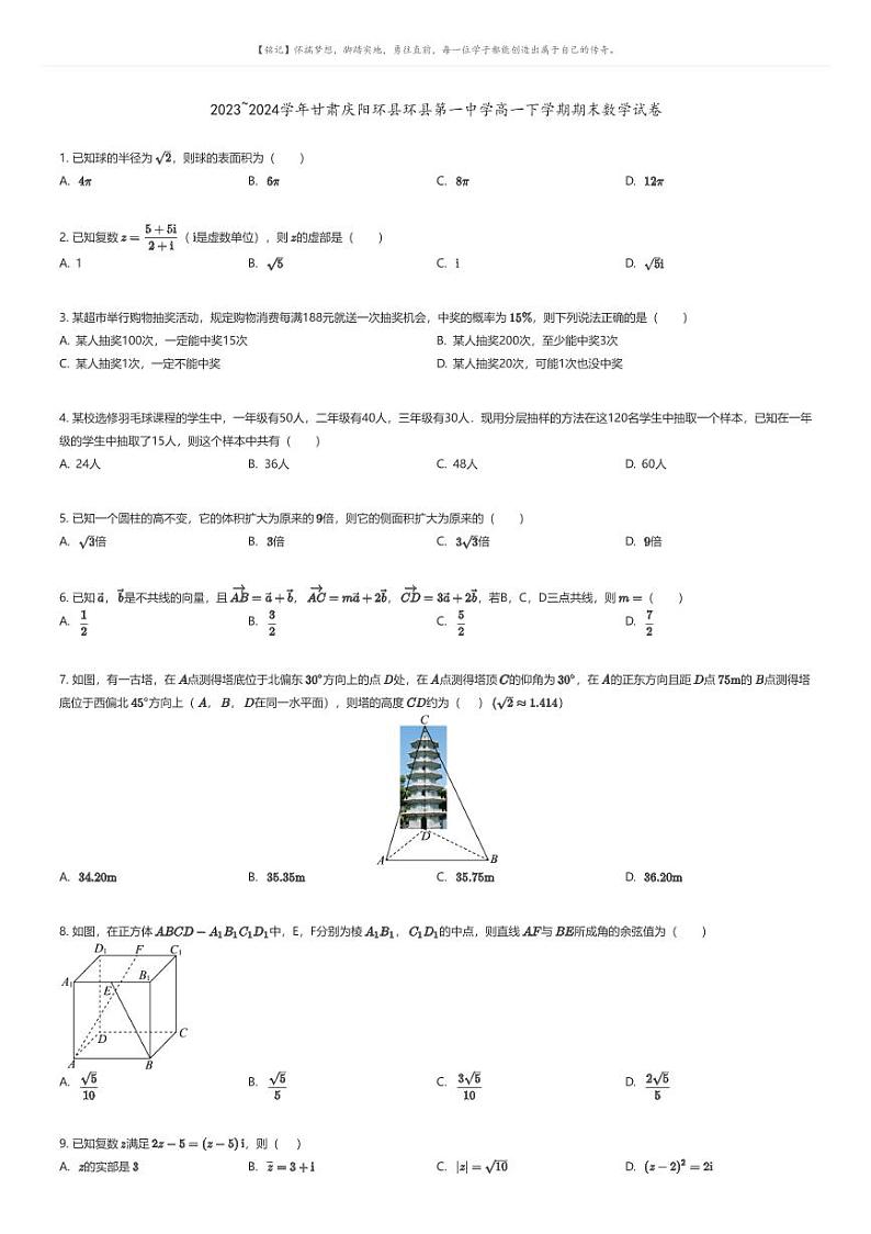 [数学]2023_2024学年甘肃庆阳环县环县第一中学高一下学期期末数学试卷原题版第1页
