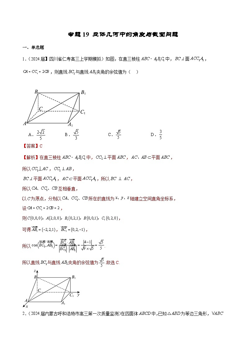 新高考数学二轮复习专题培优练习专题19 立体几何客观题中的角度与截面问题（解析版）第1页