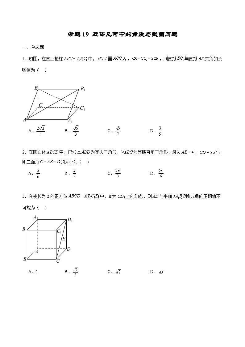 新高考数学二轮复习专题培优练习专题19 立体几何客观题中的角度与截面问题（原卷版）第1页