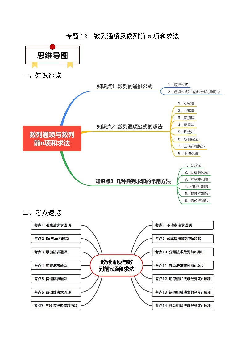 新高考数学一轮复习知识清单+巩固练习专题12 数列通项及数列前n项和求法（2份打包，原卷版+解析版）01