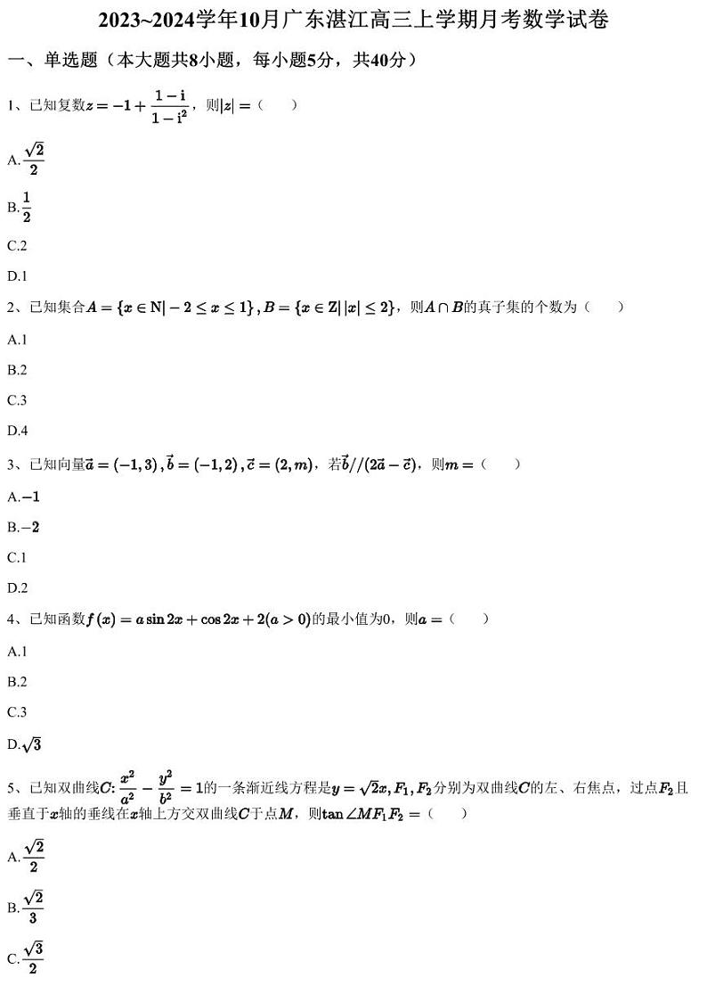 2023~2024学年10月广东湛江高三上学期月考数学试卷（含答案与解析）01