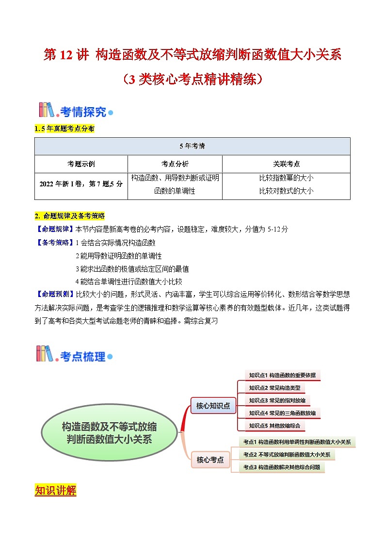 第12讲 构造函数及不等式放缩判断函数值大小关系（教师版）第1页