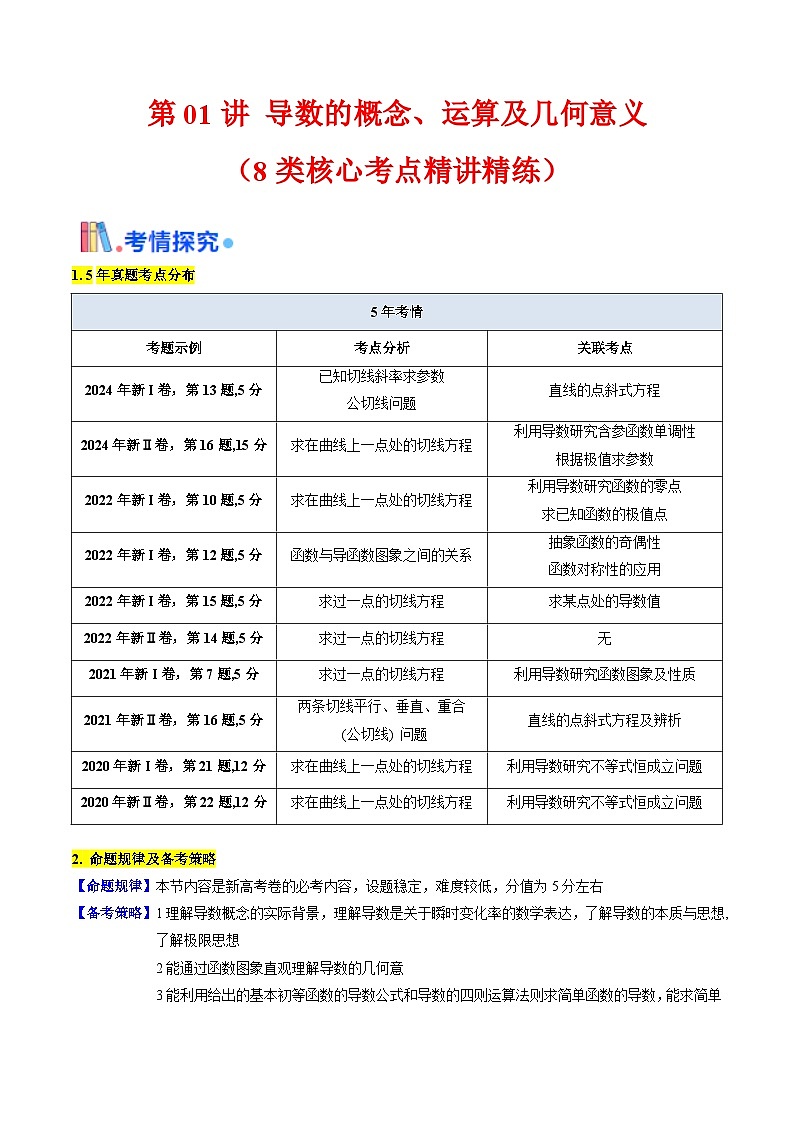 第01讲 导数的概念、运算及几何意义（教师版）第1页