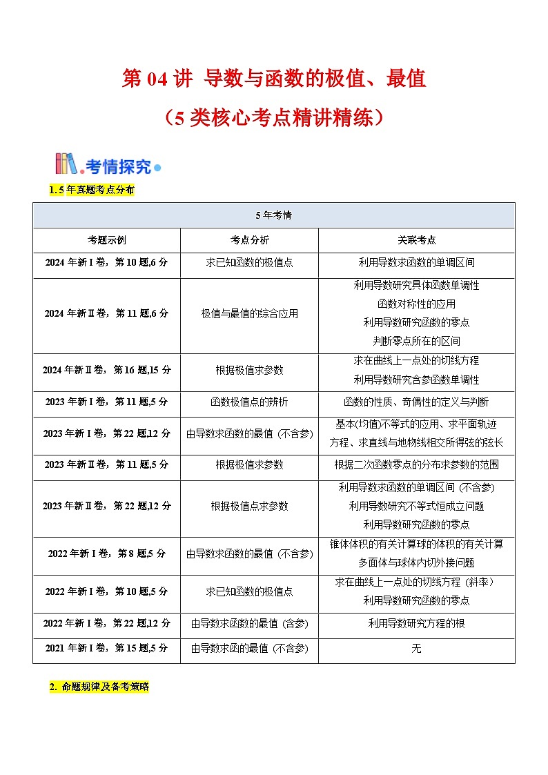 第04讲 导数与函数的极值、最值（5类核心考点精讲精练）-备战2025年高考数学一轮复习考点帮（新高考通用）01