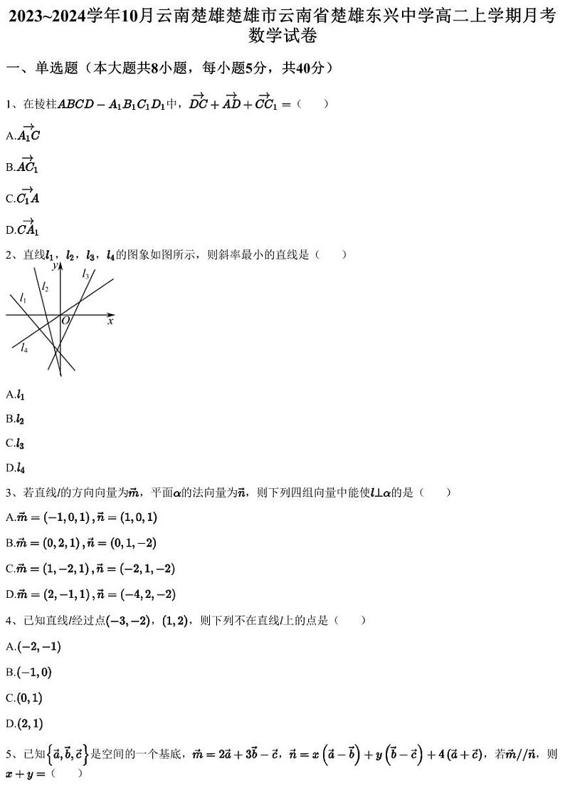 2023~2024学年10月云南楚雄楚雄市云南省楚雄东兴中学高二上学期月考数学试卷（含答案与解析）第1页